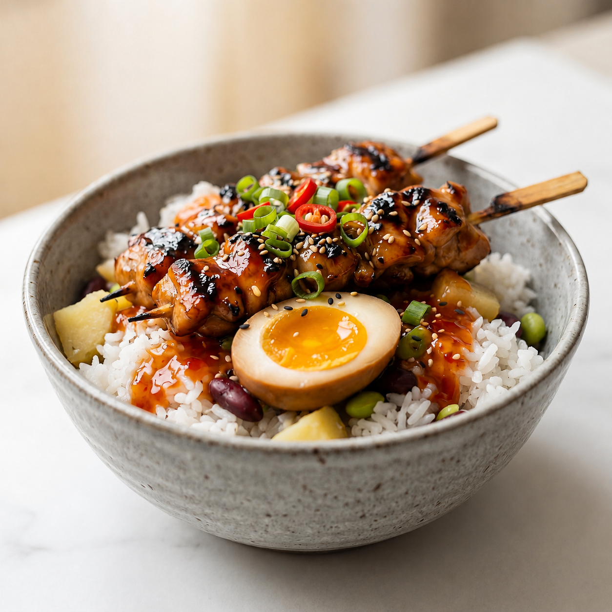Chuzo Bowl — bowl donburi de arroz con papa, frijol, huevo marinado y chuzos de pollo